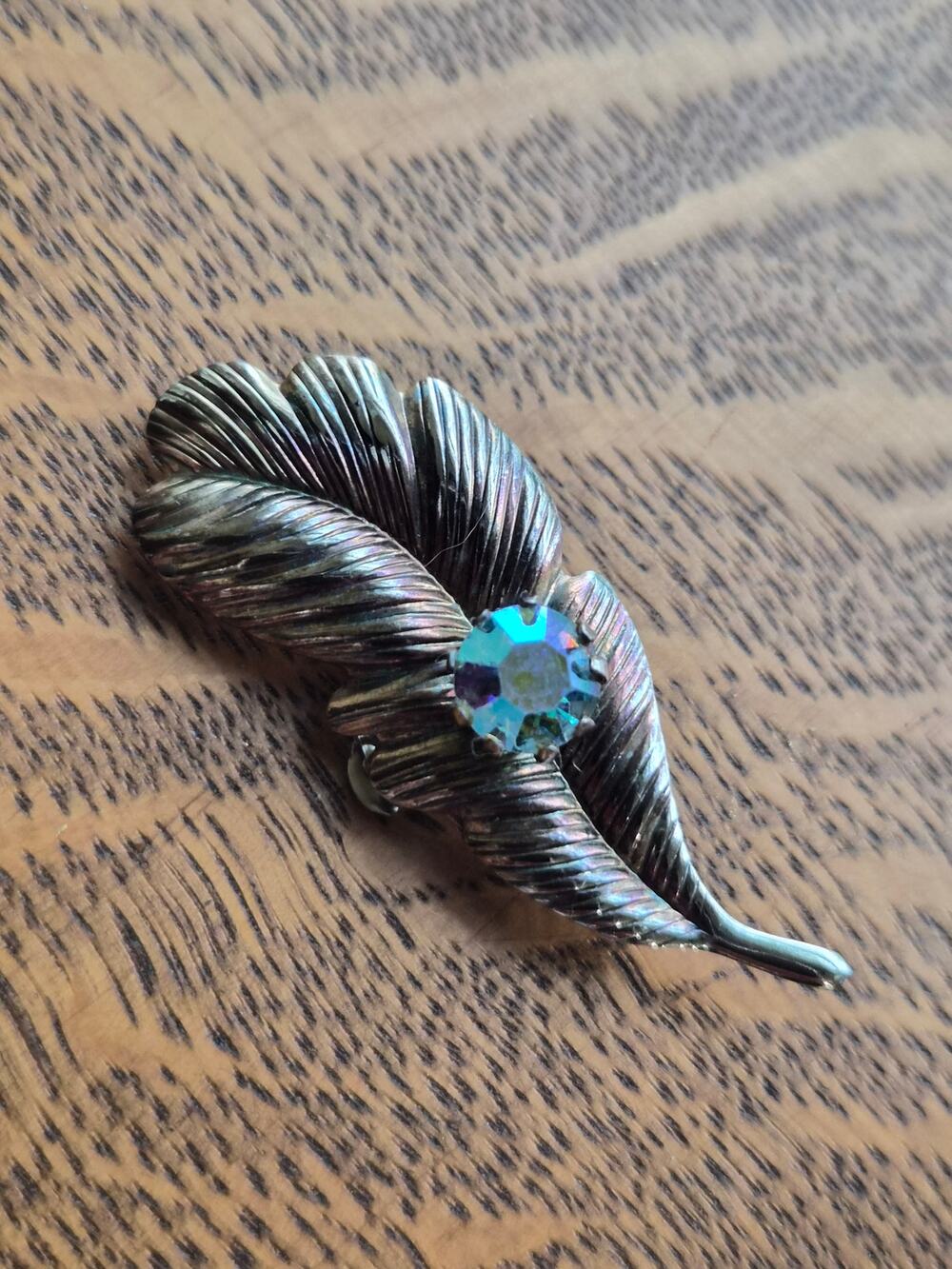 Vintage Silver Tone Feather Brooch Oxidized AB Crystal